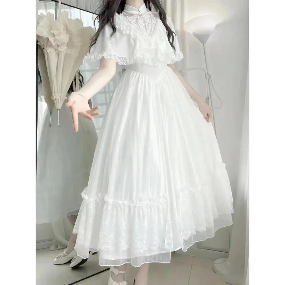 Women's French Vintage Lace Fluffy Midi Dress - Summer New Polyester, Adjustable Waistband, Romantic Fairy Princess Style, Elegant Formal Party Evening Gown, Loose Whimsical Women's Clothing