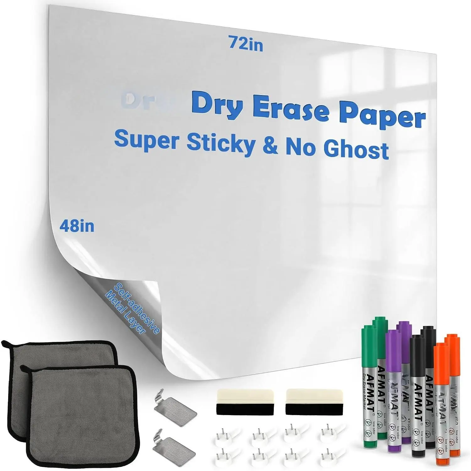 Peel-and-Stick Dry Erase Paper Roll - 36"x17.3" Stain-Proof Super Sticky Whiteboard Wall Decals, 2 Markers, No Residue After 60 Days, for Office Brainstorming