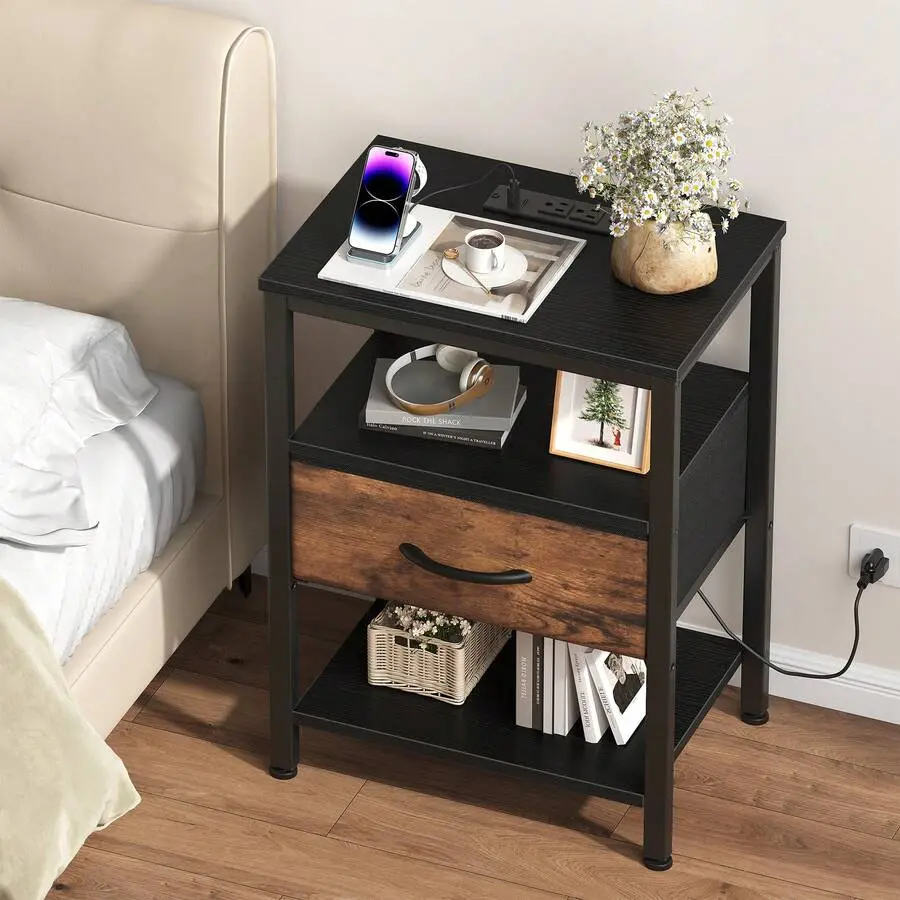 Carbon Steel Bedside Nightstand With Charging Station - 1 USB-C Plug, Drawer, Open Adjustable Shelf, 66 lbs Capacity Steel Frame Compact Indoor End Table for Bedroom
