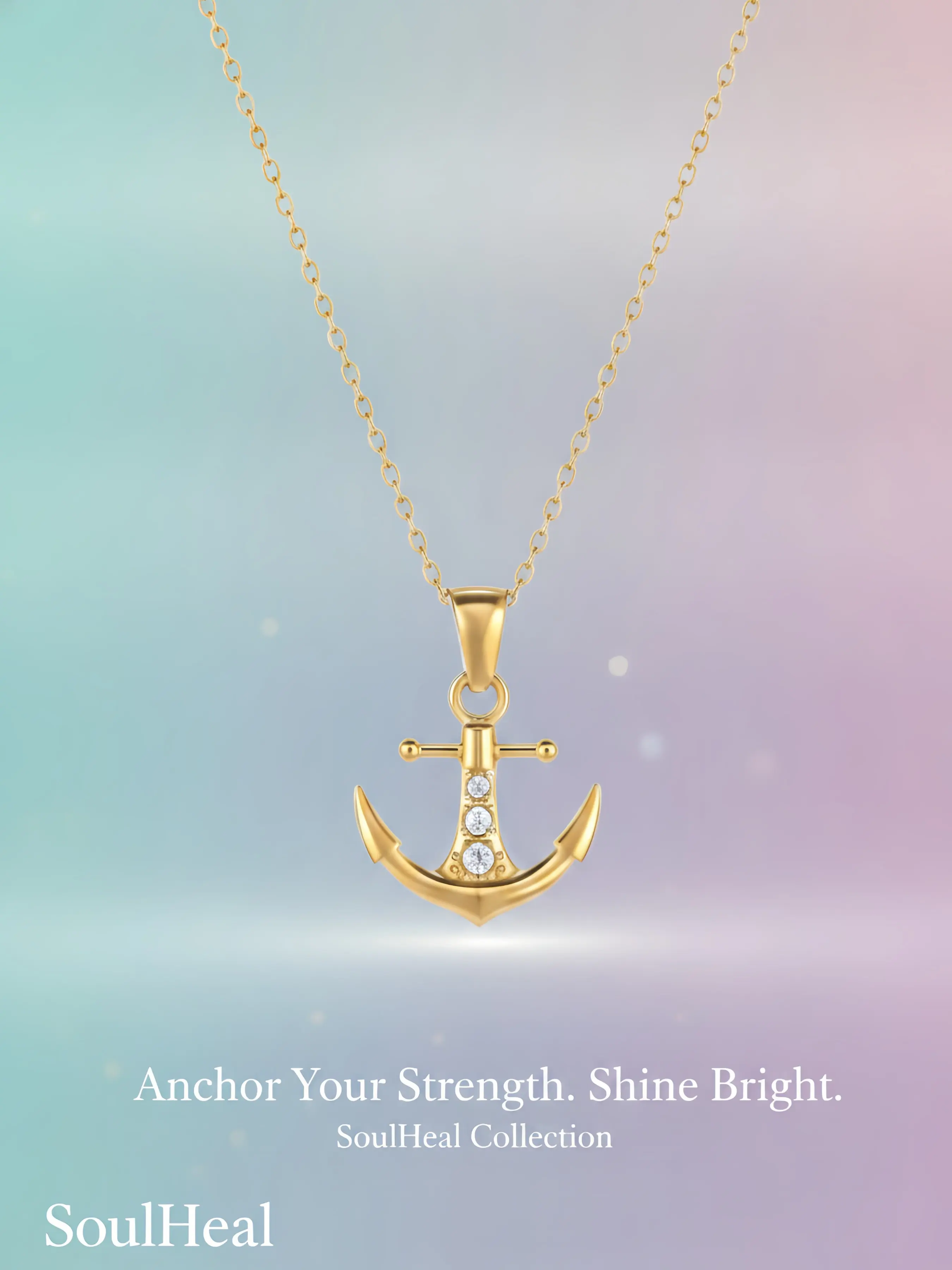 SoulHeal 3D Zircon Inlaid Anchor Titanium Steel Collarbone Necklace, Reassuring Healing Nautical Minimal Luxury Style, Solid Anchor With Three Vertical Cubic Zirconia Adjustable Anti-Fade Thin Cross Chain, Unique Jewelry For Beach Trips Daily Wear & Gifts