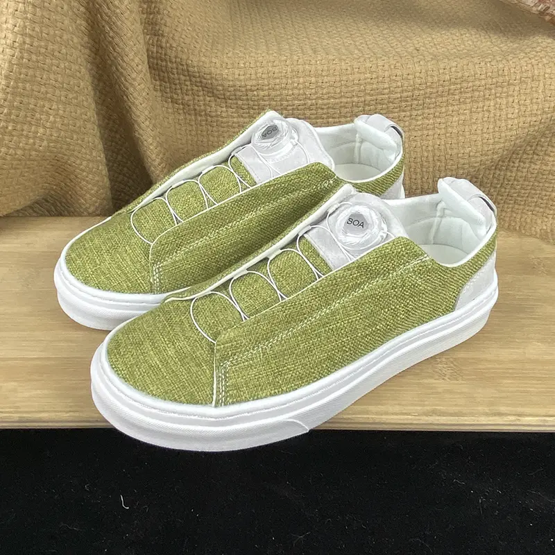 Avocado Green Linen Woven Slip On Puffy Platform Bread Sneakers Unisex BOA Rotating Quick Dial Lace Low Top Casual Skate Shoes White Thick Platform Sole Hands Free Breathable Walking Footwear For Cottagecore Fresh Neutral Aesthetic Men Women Teen Picnic D