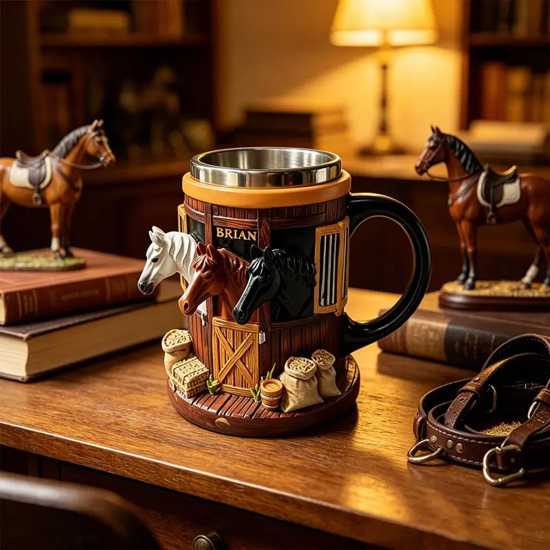 1PC Resin Beer Mug with 3 Horse Heads Stable Design, Stainless Steel Liner, Western Farm Barn Themed Coffee Cup, Vintage Animal Drinking Cup, Gift for Horse Lovers, Creative Mugs
