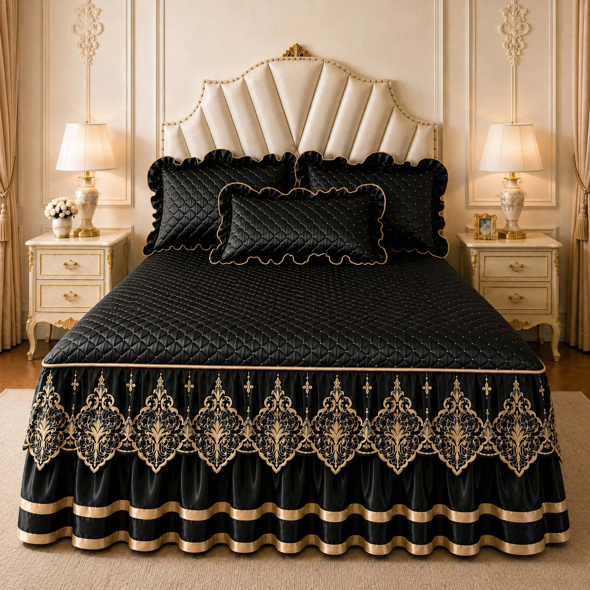 3pcs Lace Bed Skirt Set, Includes 1 Bed Skirt & 2 Pillowcases, Thick Quilted Mattress Protector, Decorative Bedding, All Seasons, Multiple Sizes, Bedroom