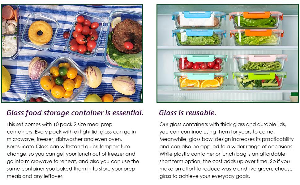 10 Pack Glass Food Storage Containers with Lids Leakproof, Airtight Glass Meal Prep Containers For Lunch, On The Go, Leftover, Dishwasher Safe