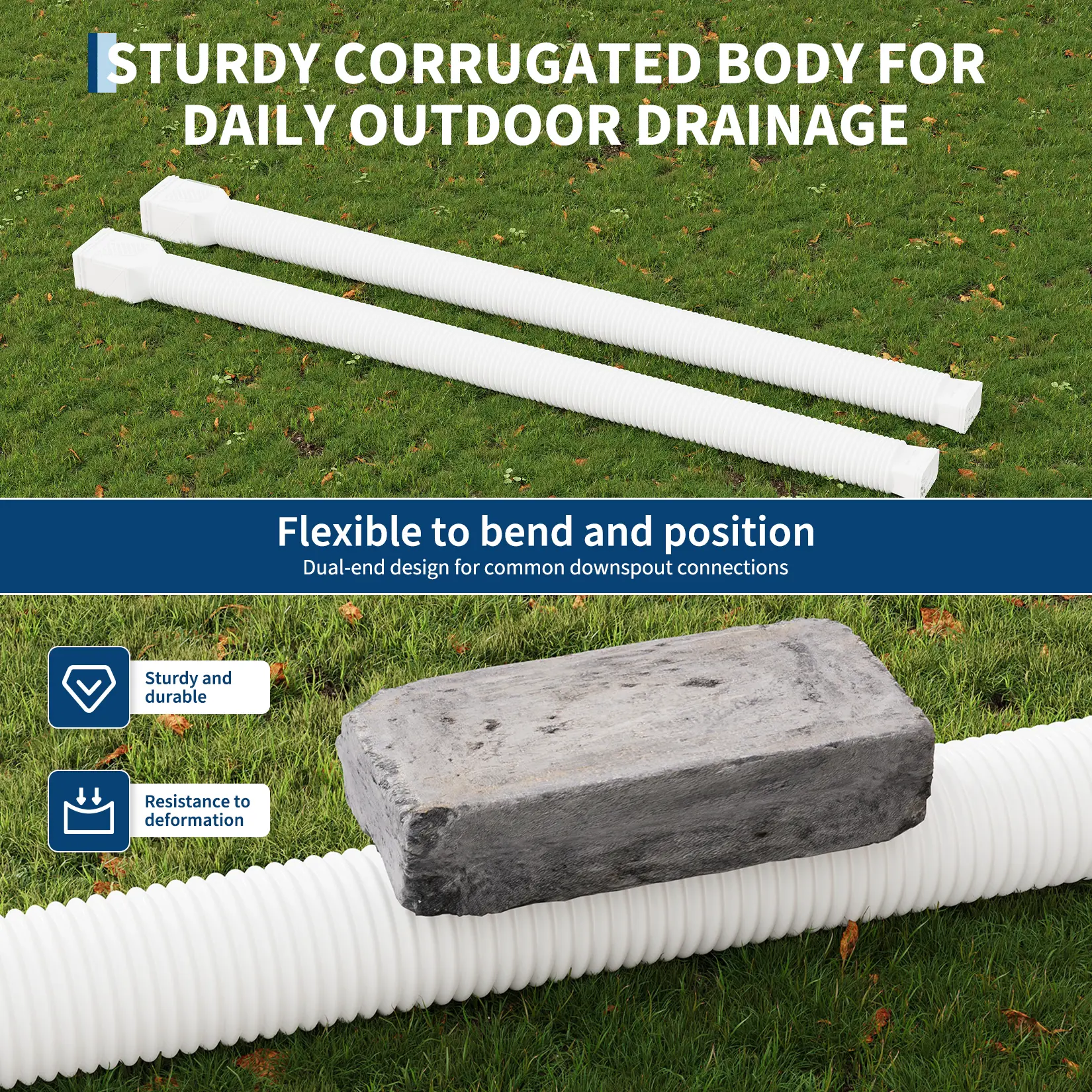 Flexible Downspout Extension Drain Pipe, 22-63 in Extendable Corrugated Gutter Diverter with Adapters, Fits 2x3 & 3x4 Downspouts - 2 Pack