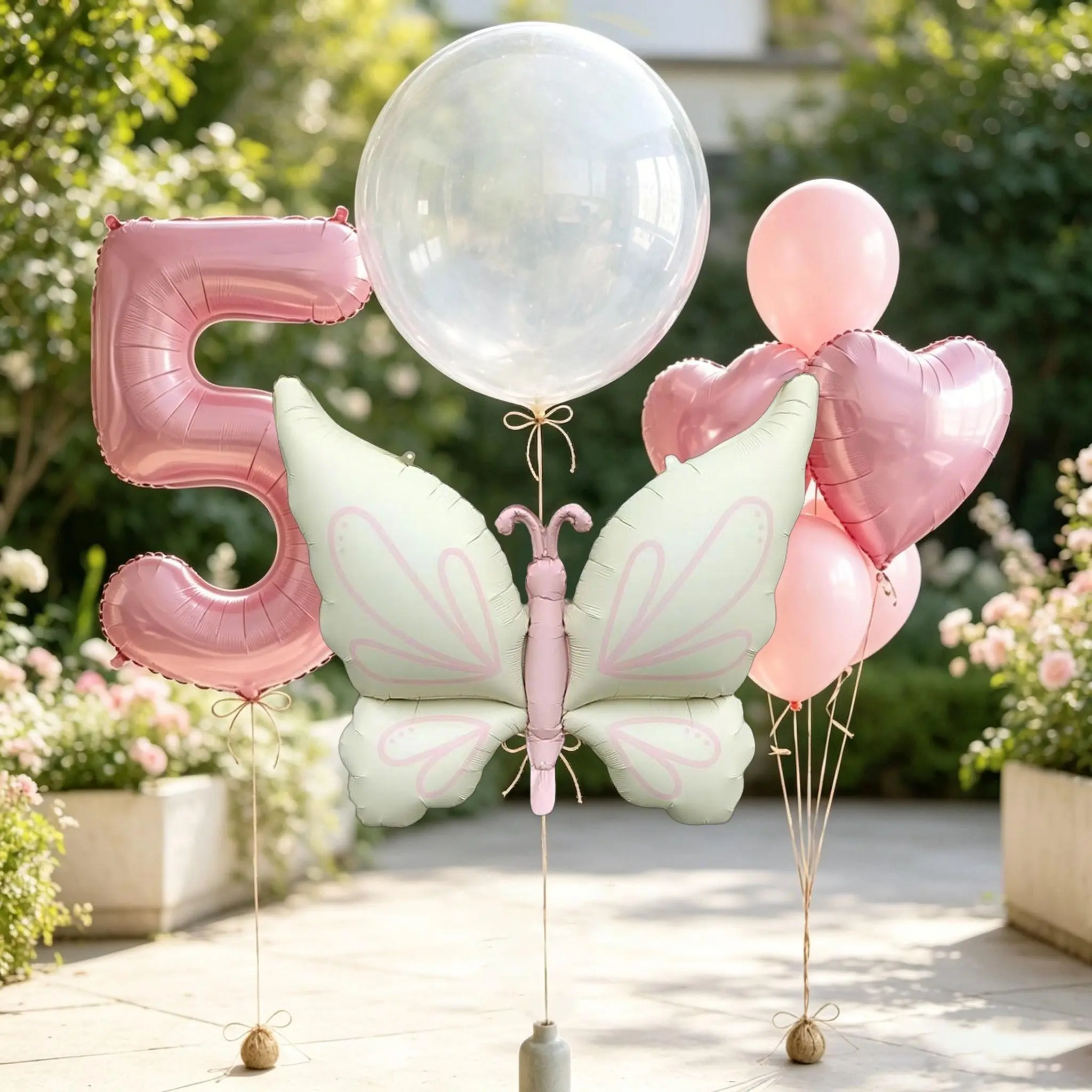 12-Piece Butterfly Number Birthday Balloon Set, Butterfly Balloons, Balloon Party Supplies, Includes 32-inch pink digital aluminum foil balloon, ivory-colored butterfly, heart-shaped foil, For Girl's Party, Garden Picnic, Baby Shower, Anniversary