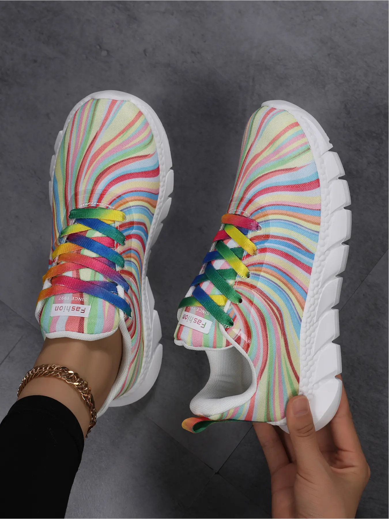 Women's Rainbow Gradient Lace-Up Casual Sneakers Comfortable Flat Walking Shoes for Daily Wear