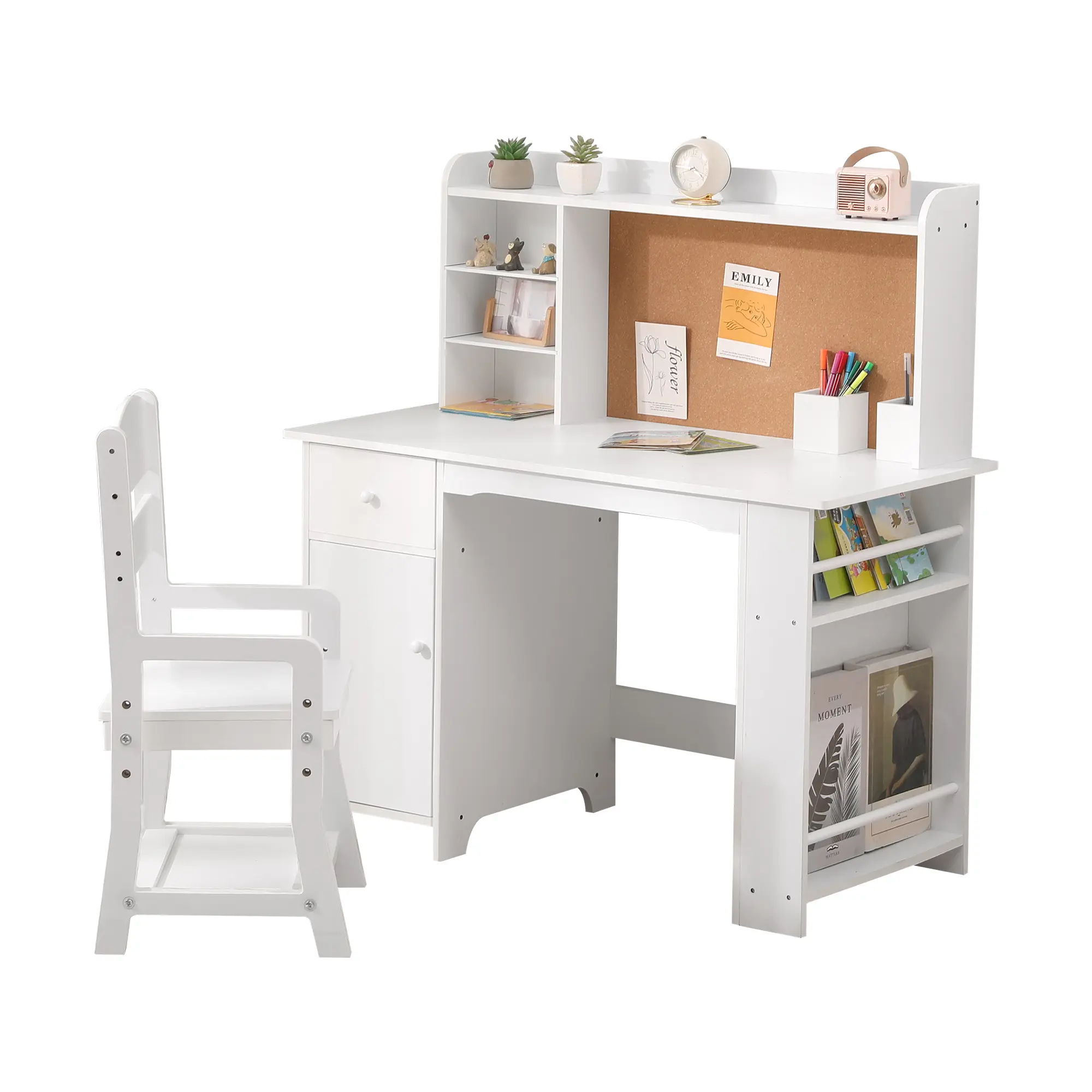 Functional Kids Desk and Chair Set – Wooden Writing Table with Bookshelf, Bulletin Board, Storage Cabinets, and Drawer – Ideal for Home and School Use for Ages 3-12