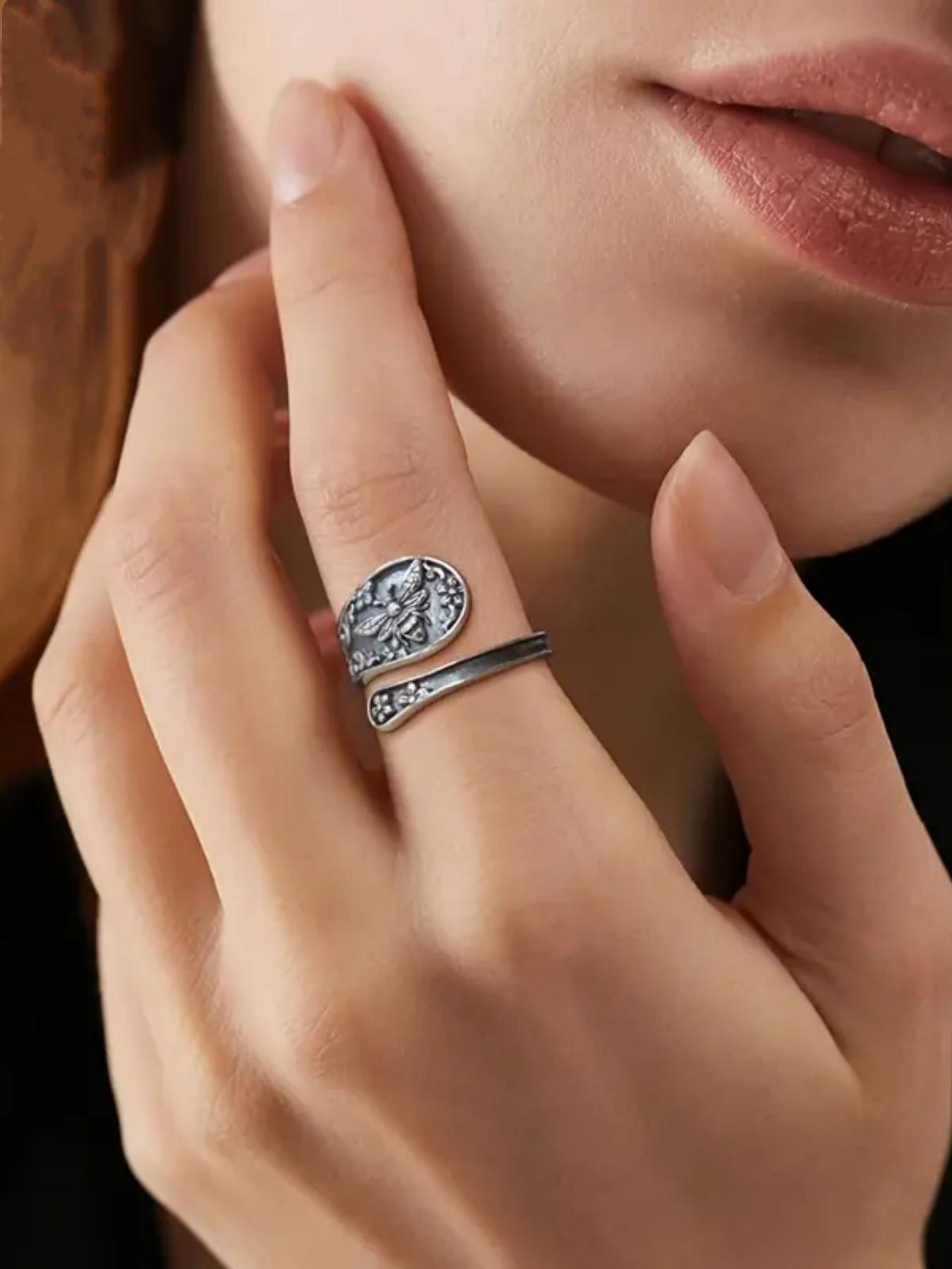 925 Sterling Silver Vintage Bee Design Cuff Ring, 2024 New Style Adjustable Ring for Women & Men, Fashion Jewelry Accessories for Daily Wear