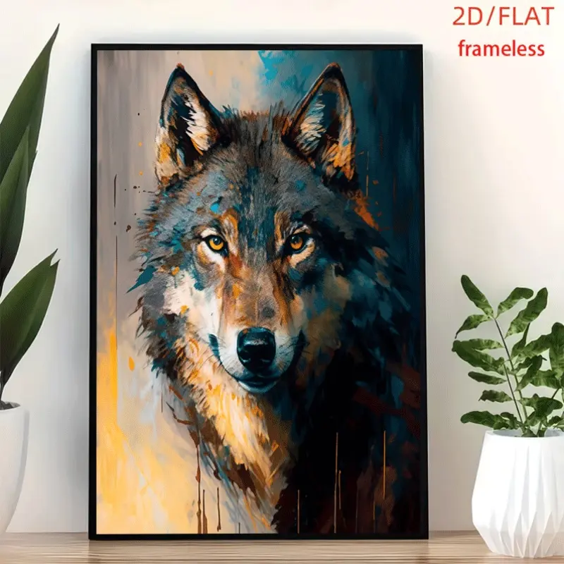 frameless Painted Wolf  Decal Art Decor Print Poster, Wall Art for Living Room, Bedroom, Office, Dining Room & Bar, Perfect Gift & Home Decor, 12in x 16in
