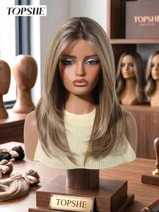 Topshe Layered Blonde Hair, Mono High-Quality Natural Dark Root Transition, 18-Inch Medium-Length, Lace Front Full Wig, Perfect for Parties, Synthetic Lace Wigs