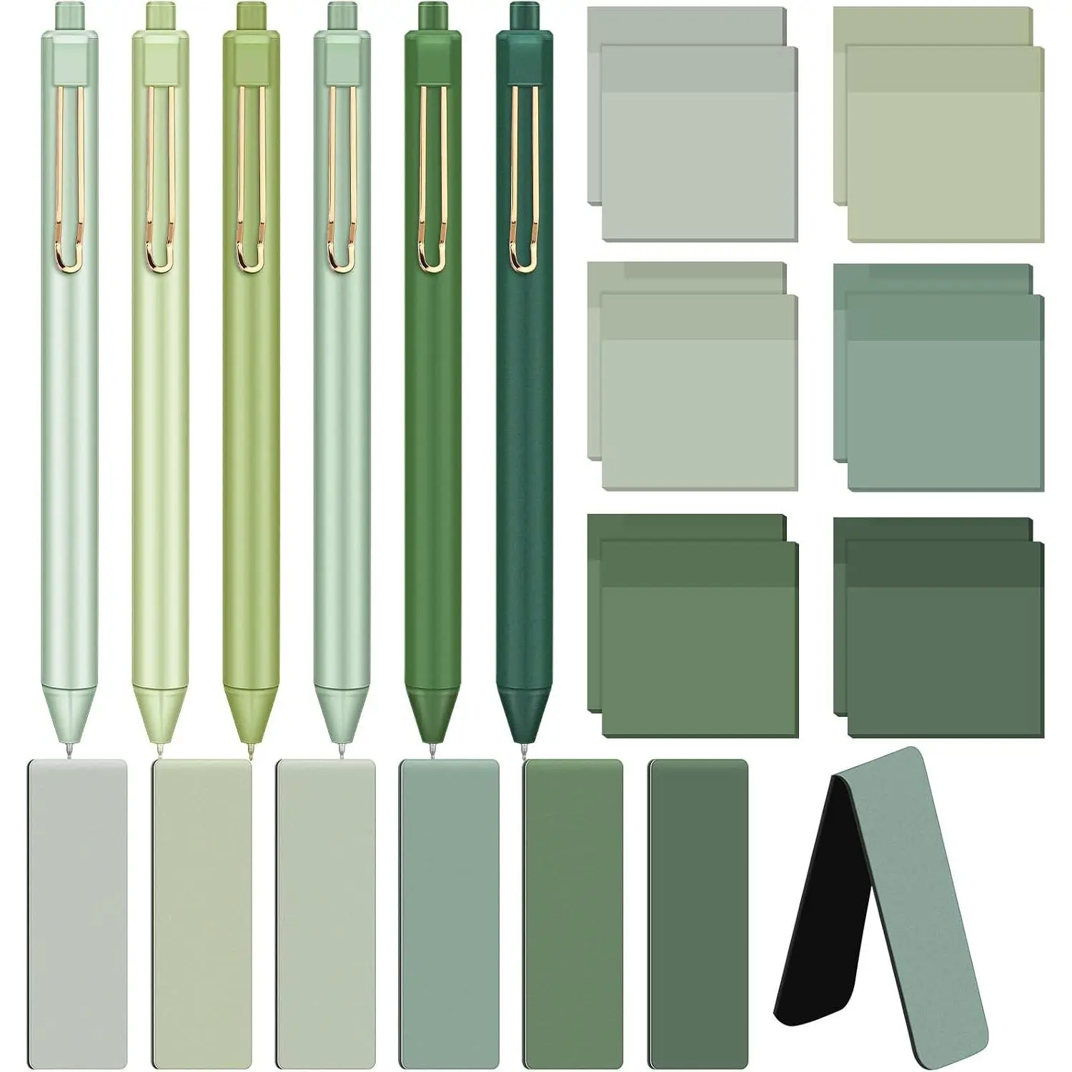 18 count  to School Sage Green Supplies  to School Stationery Set with 6 Sticky Notes and Retractable Black Ink Pens 6  Bookmarks Green Desk Accessories for Office Supplies