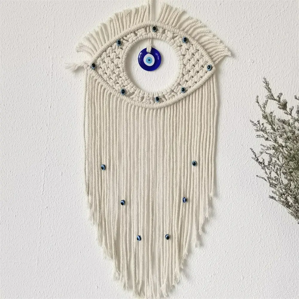 1Pcs Handmade Boho Macrame Hangable Wall Hanging With Blue Evil Eye, Woven Tapestry Decorative Wall Art Decor For Living Room Bedroom Apartment,Perfect new home birthday gift for Halloween celebration
