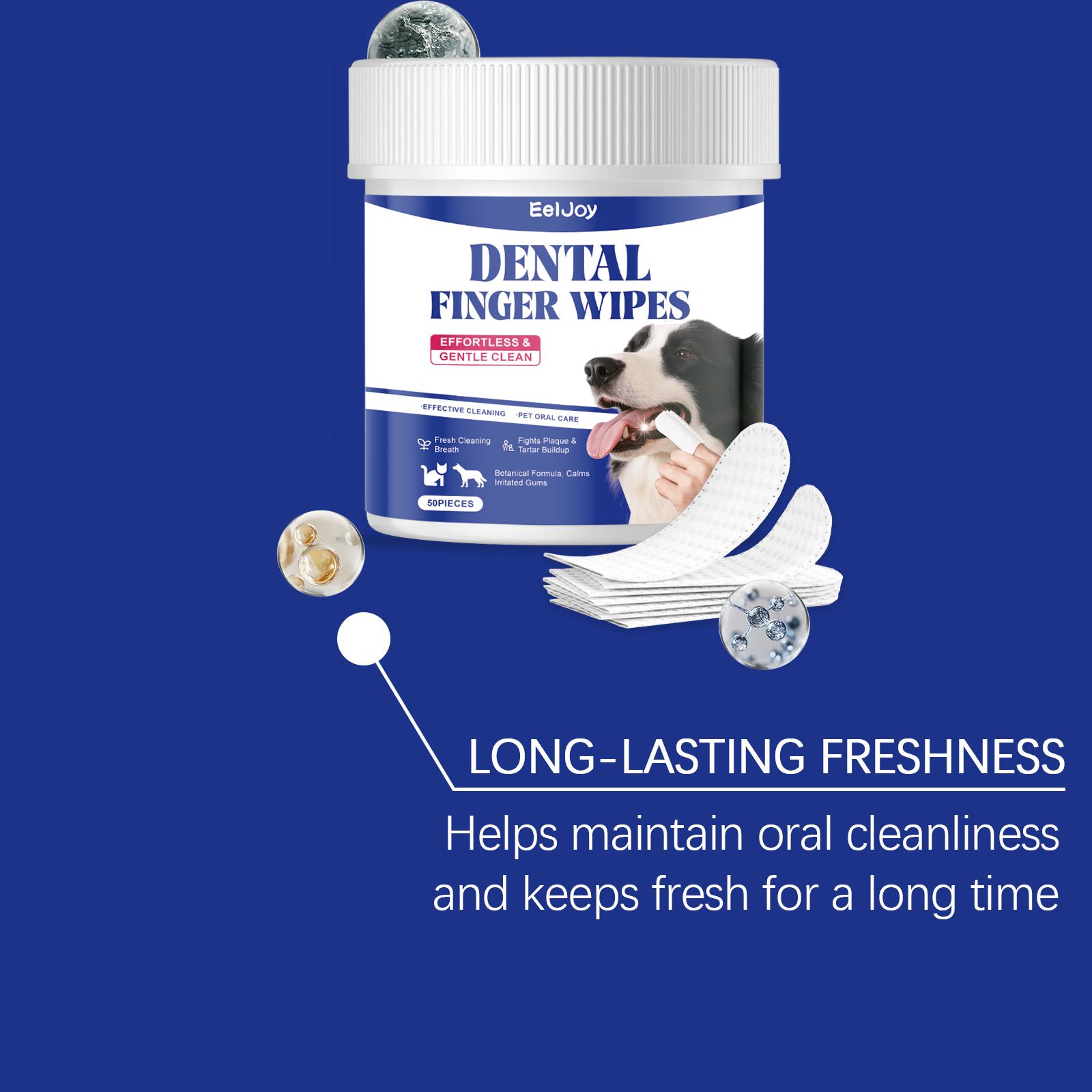 EelJoy Dental Finger Wipes for Pets - Gentle Ingredients for Oral Health - Remove Stains Whiten Teeth Reduce Tartar Plaque - 60 Pieces - Sodium Bicarbonate & Sorbitol Formula