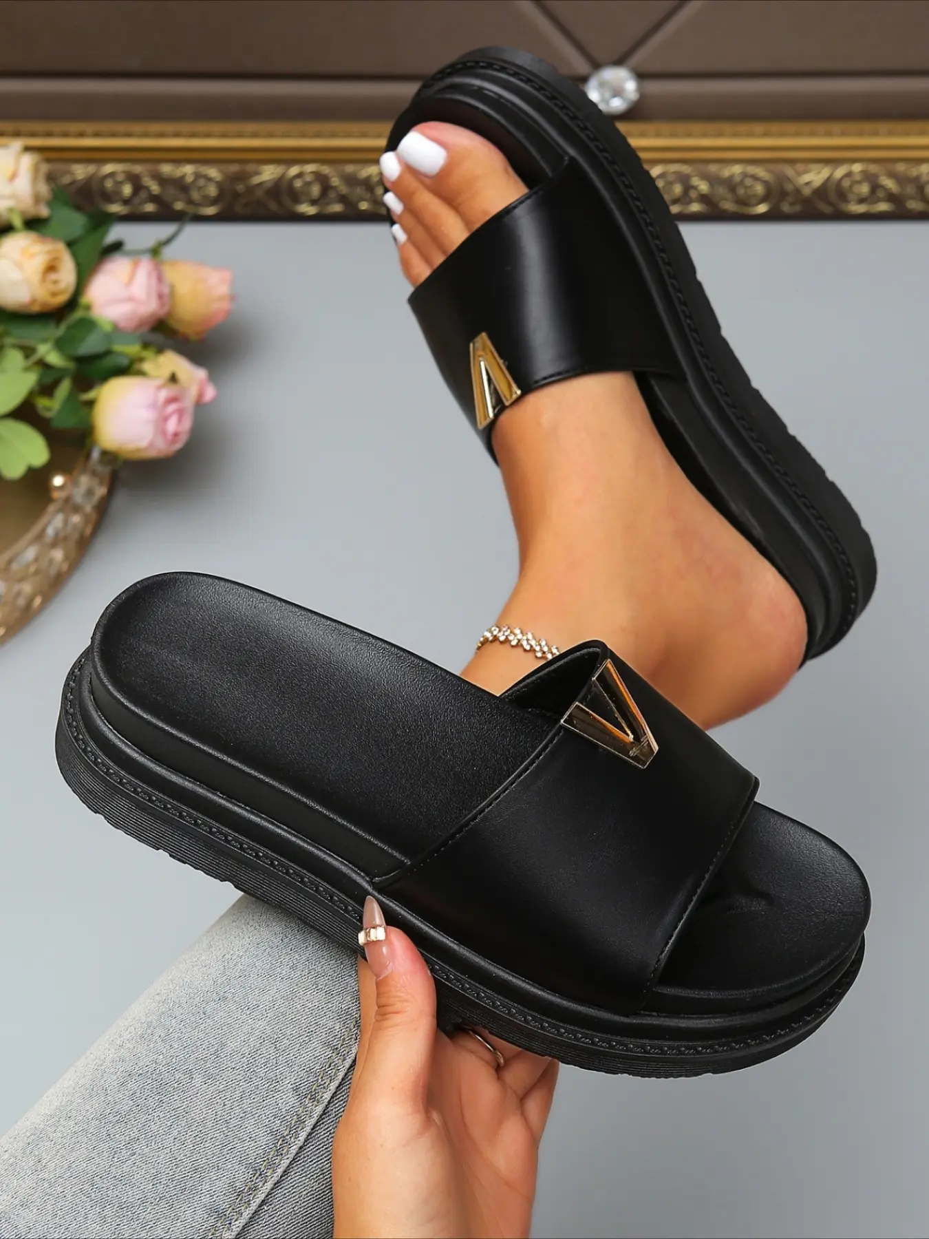 Single strap slide sandals with square metal buckle, layered thick sole, lightweight slip-on slippers, versatile casual footwear for summer daily wear, Summer Slides