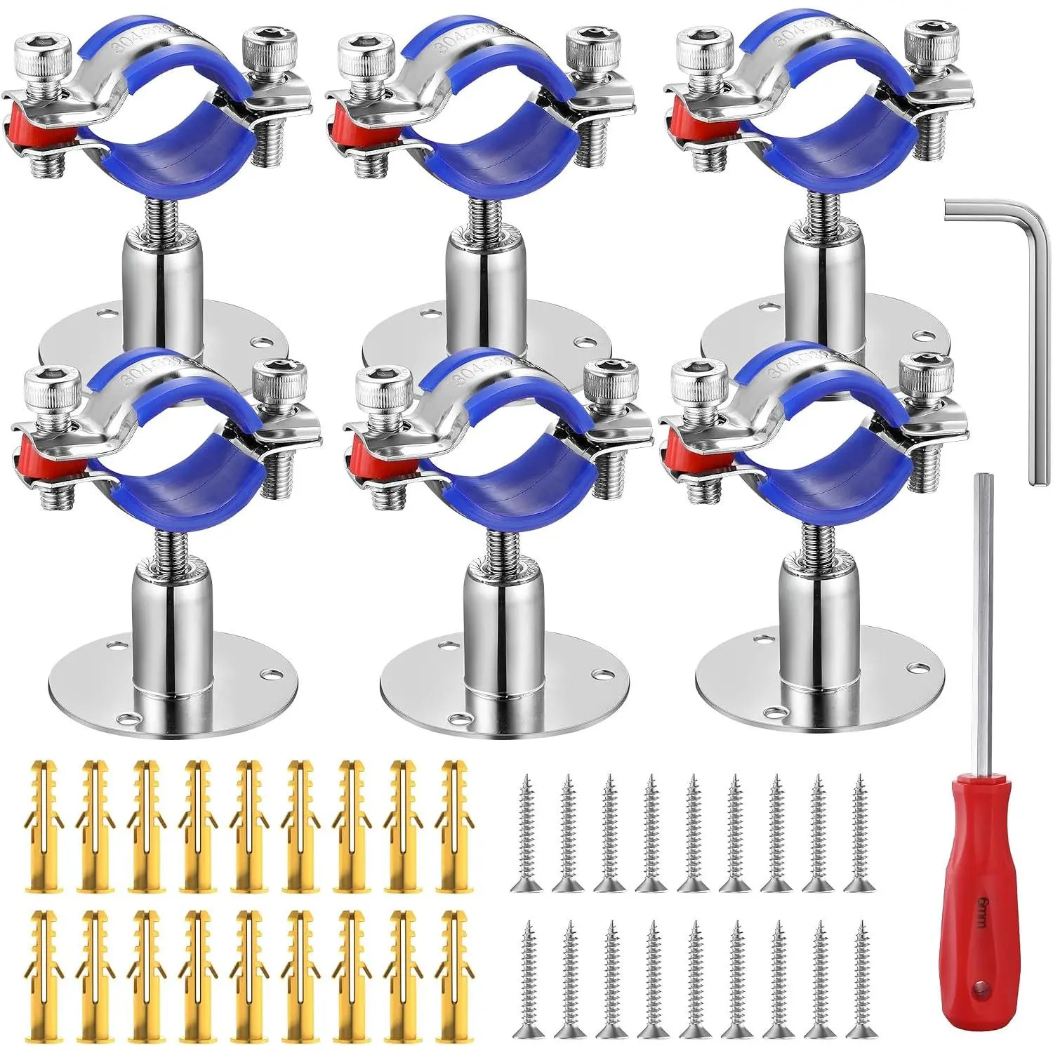 6 count 304 Stainless Steel Wall Mount Ceiling Mount Pipe Supports,Suitable for OD Pipe 15-19mm,Adjustable Height 30-50mm,Adjustable Pipe Strap Clamp with Screws