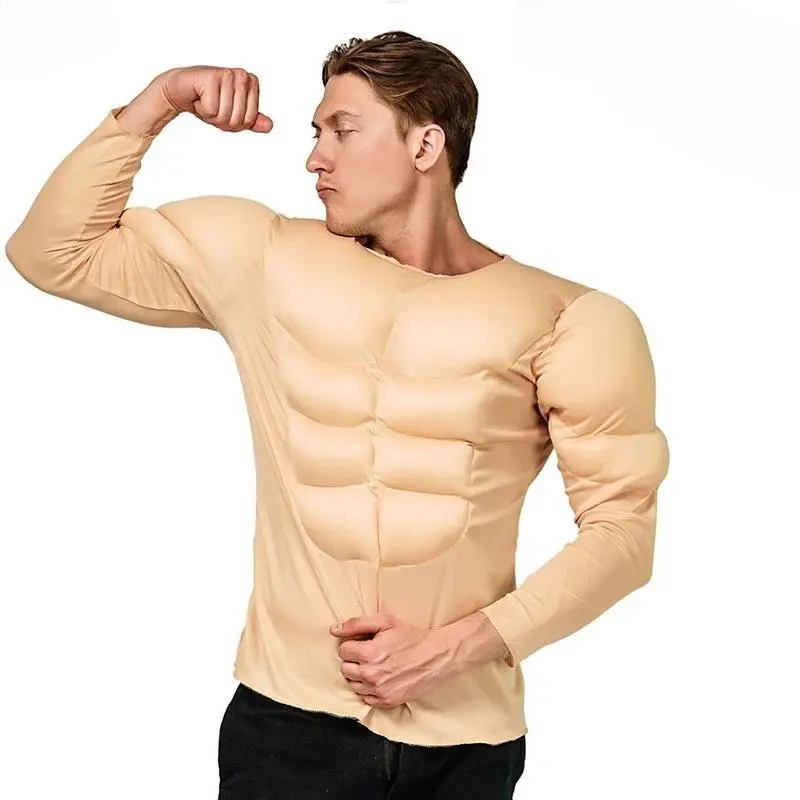 Adult Men Padded Fake Muscle Top 3D Six Pack Abs Shirt Halloween Cosplay Costume