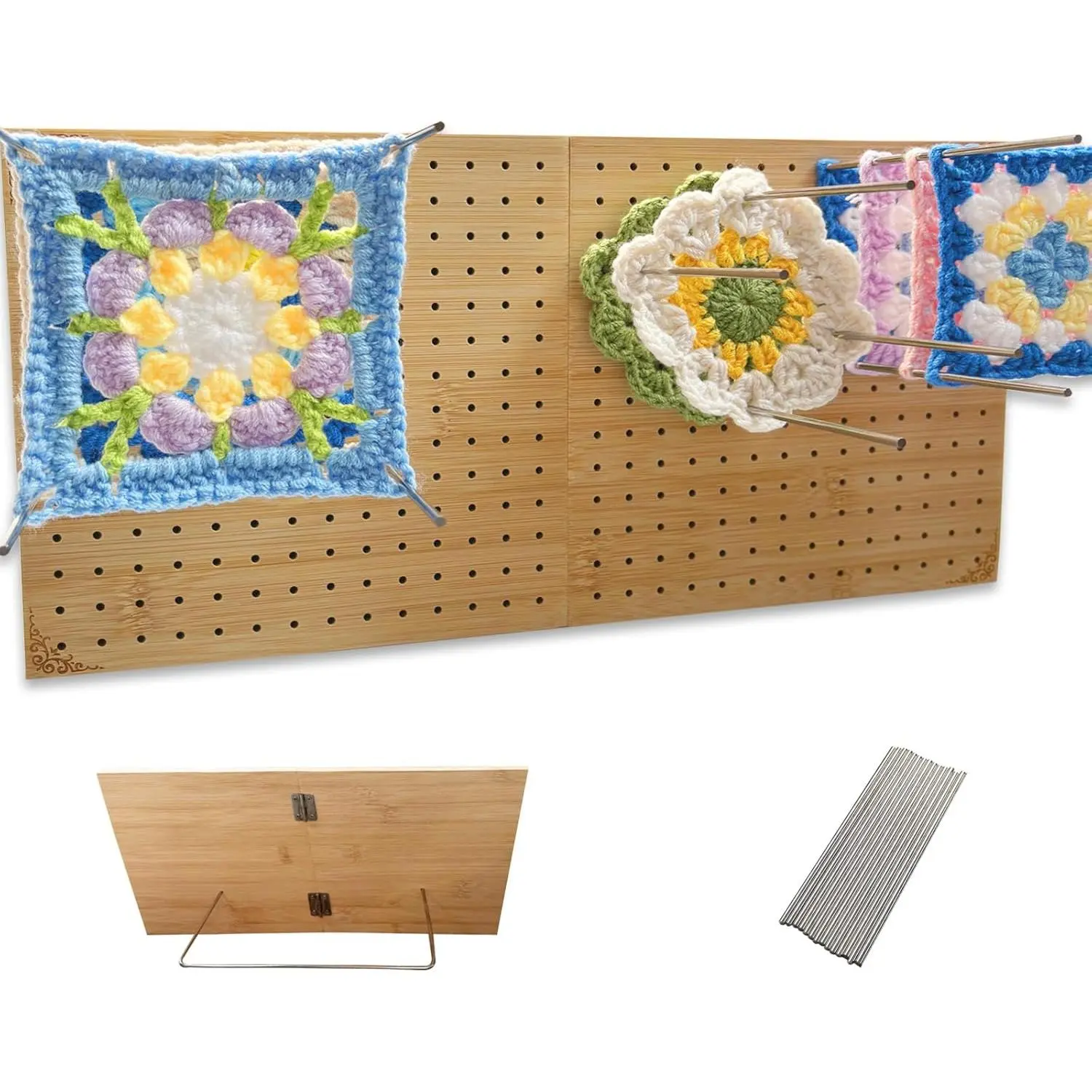 7.7x7.7 Inches Foldable Space Saver Crochet Blocking Board with Pegs, Craft Crochet Kit for Beginners, Complete DIY Knitting Tool for Granny, Complete Square Crochet Tool Kit, Blocking Kit
