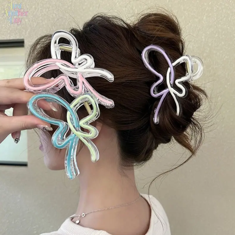4Pcs Gradient Hollow Bow Hair Claw Clips Women Large Shark Clips For Thick Hair Back Head Ponytail Bun Holder Pastel Transparent Barrette Sweet Summer Ins Trendy Cute Daily Travel Beach Fashion Hair Accessories Set