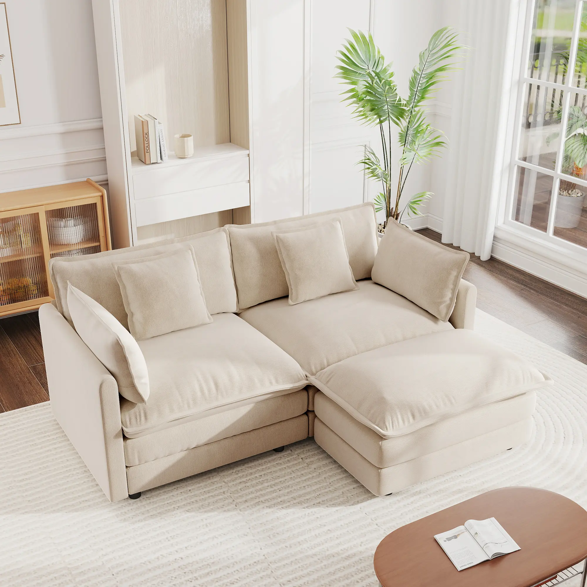 ARCH Chenille Two-Seater Sofa with Ottoman L-Shaped Sectional Loveseat for Small Living Room Light Coffee Fabric Couch with Footrest Comfy Seat Cushion Modular Furniture Set, Light Coffee Color Options, Chenille Material, 2 Seat Seat Count