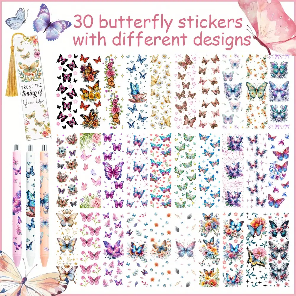 A Set of 30 Butterfly-Themed UV DTF Wraps Featuring Various Designs, Perfect for Book Lovers' Projects. Ideal for Decorating Pens Or Blank Acrylic Bookmarks, These Personalized Ballpoint Pen Stickers Make Great Gifts for Girls