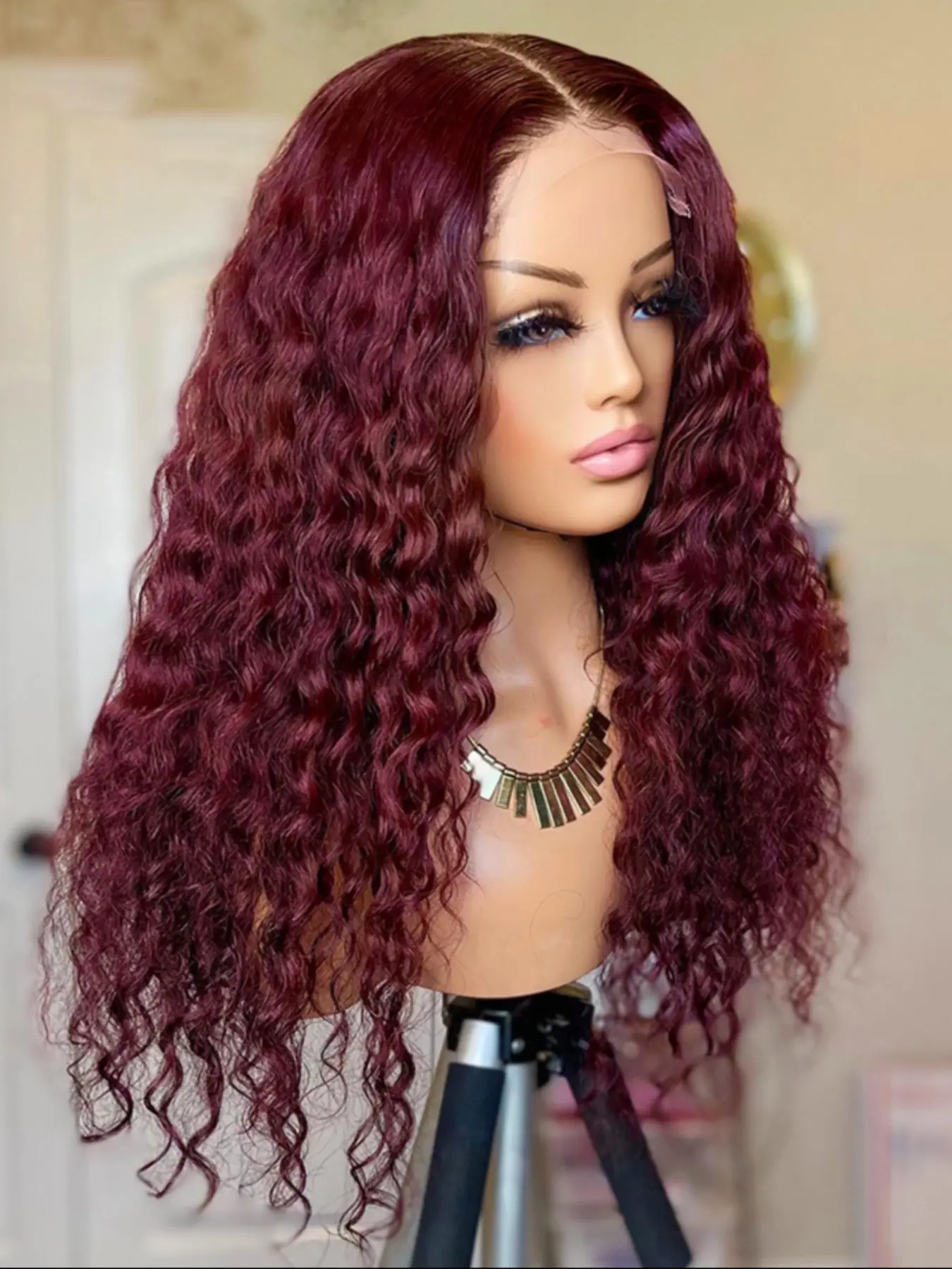 Burgundy Soft Long 26 Inch 180 Density Natural Kinky Curly 99j Wine Red Front Lace Wig, Glueless Heat Resistant Synthetic Hair, Daily Wear Pre-plucked, Curly Wigs