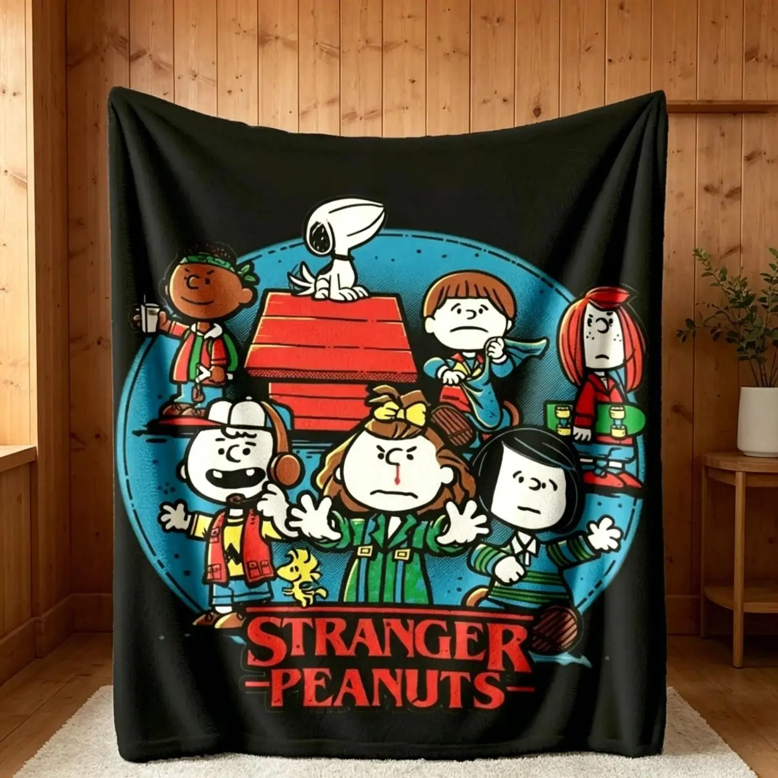 Stranger Peanuts Inspired Flannel Throw Blanket Cartoon Print Soft Cozy Lightweight AC Blanket Kids Adults Sofa Bed Bedroom Living Room Office Travel Camping Movie Night Home Decor Gift Birthday Christmas Viral Nostalgia Cartoon Blanket