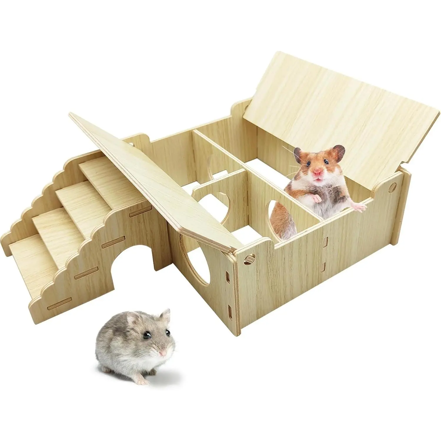 Wooden Hamster Hideout Tunnel Multi-Chamber House Hiding Hut Maze Platform Habitats Exploring Toys for Gerbil Rat Mice