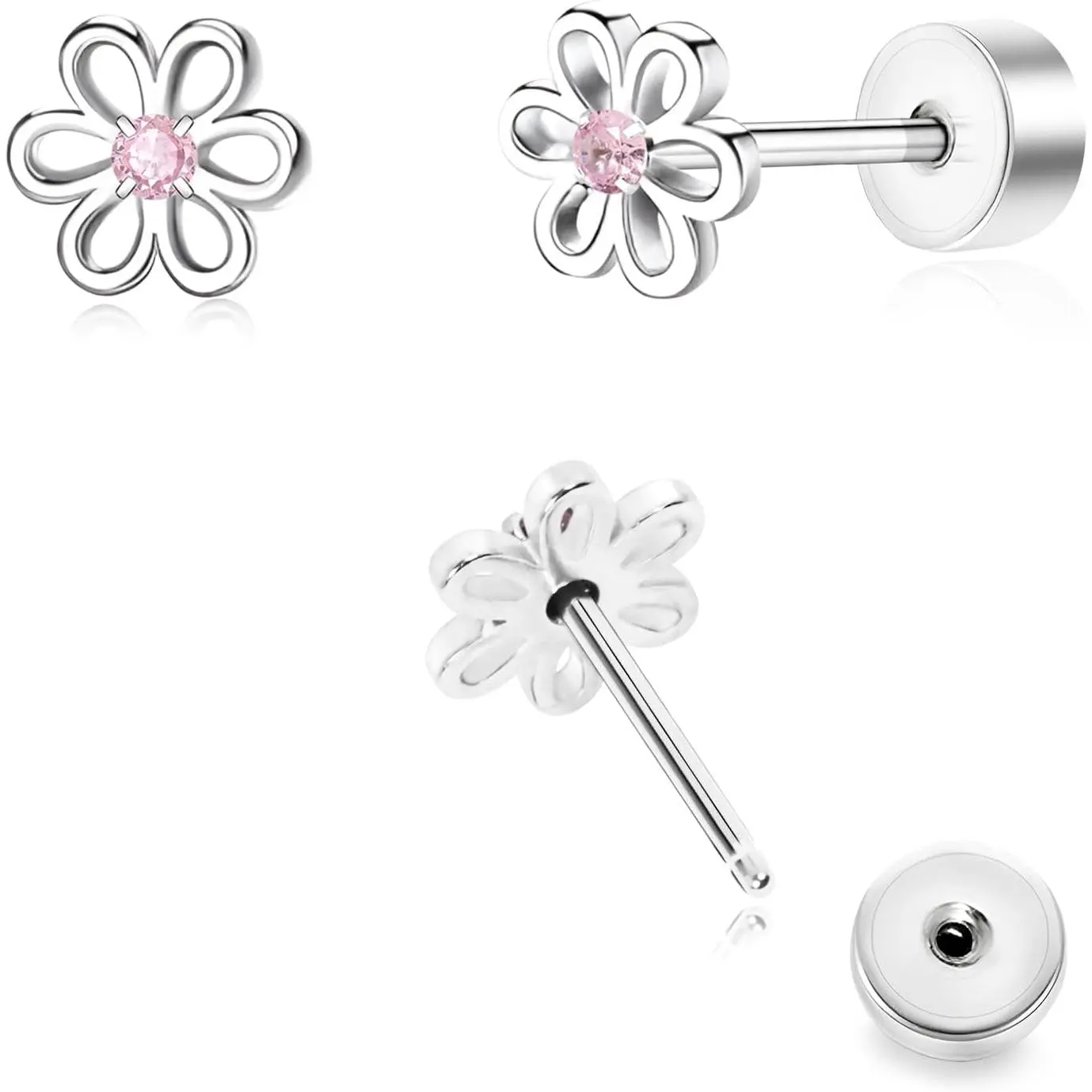 Earrings for Girls Push-in Titanium  Threadless Flat  Earrings for Women  Ears Cartilage Cute Small   Flower Heart  Cubic Zirconia Studs