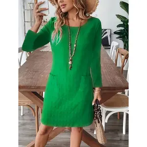 Solid Green Round Neck Dress with Pockets