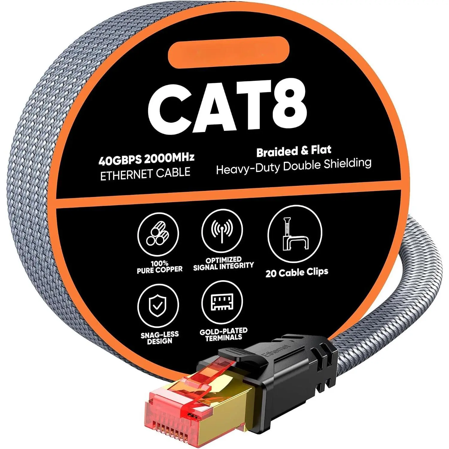 8 Ethernet  15 FT, High Speed [Ethernet Internet LAN Network] Braided Cord, 40Gbps 2000Mhz Supports Cat7 Cat6 Cat5e Cat5, Flat Heavy Duty Patch Cord RJ45 Connector for Gaming, Router