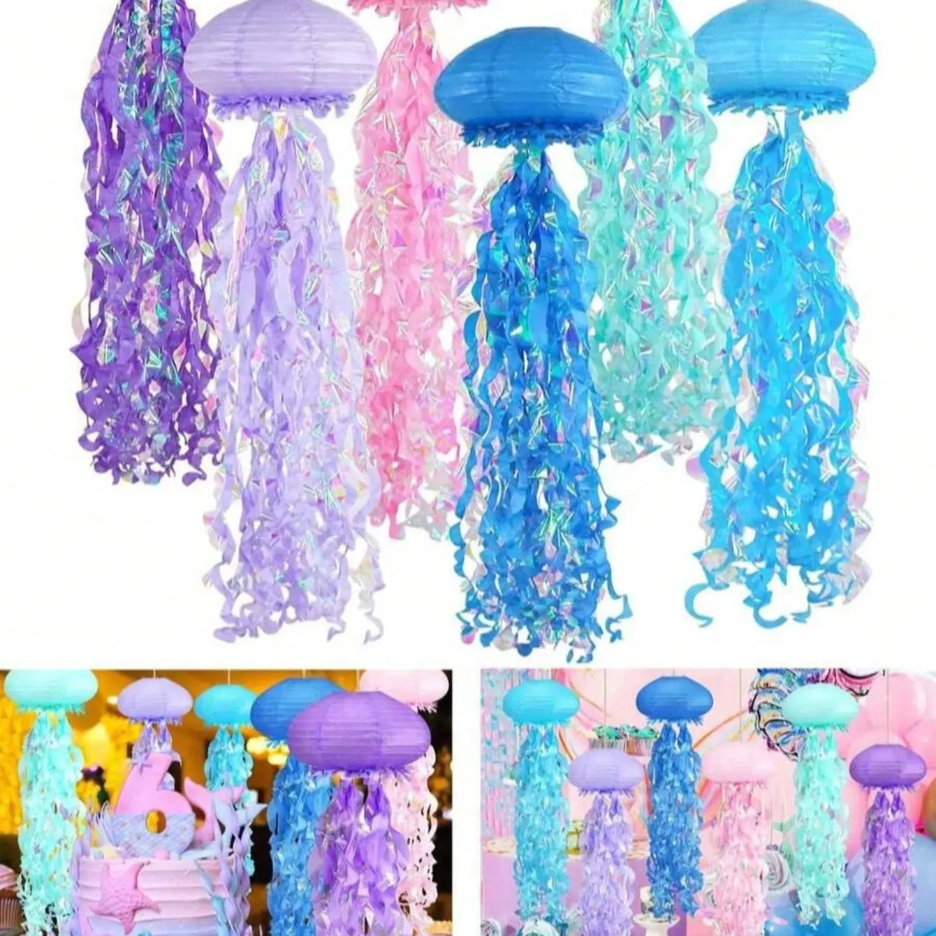 6pcs Multicolor Jellyfish Paper Lanterns, Gradient Color Paper Lanterns for Mermaid Theme Parties, Ocean Birthday Decorations