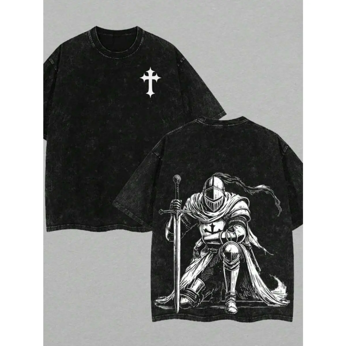 Retro Wash Unisex T-Shirt Medieval Crusader Knight Warrior Back Art Print Templar Cross Front Graphic Crew Neck Short Sleeve Tee Gothic Aesthetic Outdoor Weekend Urban Street Fashion Top