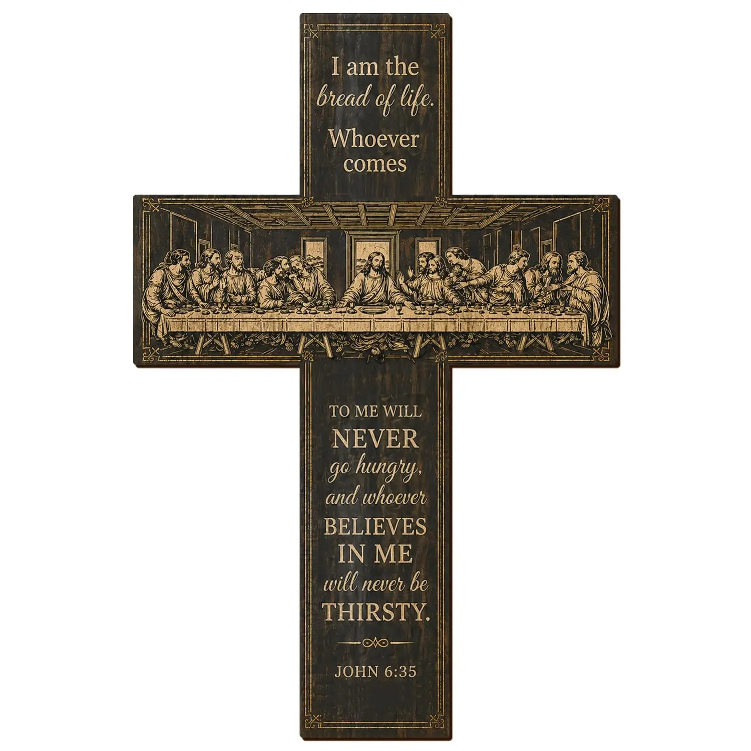 Wooden Wall Cross Decoration, Hanging Cross Ornament, Carved Last Supper Cross, John Gospel 6:35 Inscription, Vintage Christian Wall Hanging, Faith Home Decor, Catholic Spiritual Gift