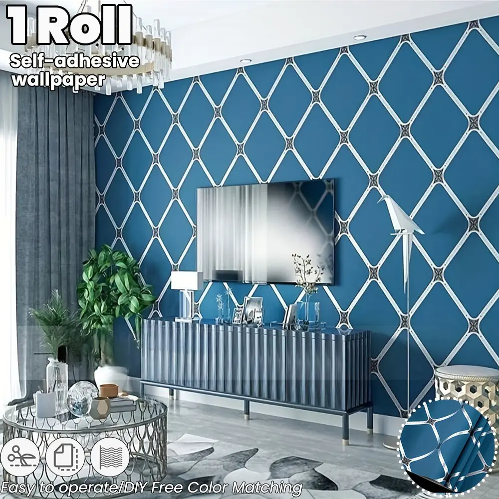 Blue Plaid Self-Adhesive Decorative Wallpaper Roll, Modern Striped Interior Wall Wallpaper for Indoor Walls, Furniture Renovation, Home Decor Wallcovering, DIY Wallpapers