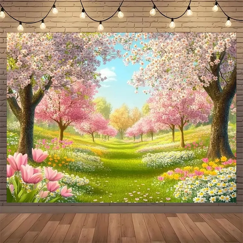 2D Flat Cherry Blossom Spring Banner | Pink Sakura Tree & Dreamy Garden Backdrop | Single-Sided Polyester | Metal Grommets for Easy Hanging | Perfect for Home Decor, Studio Photography, Spring Parties & Outdoor Events