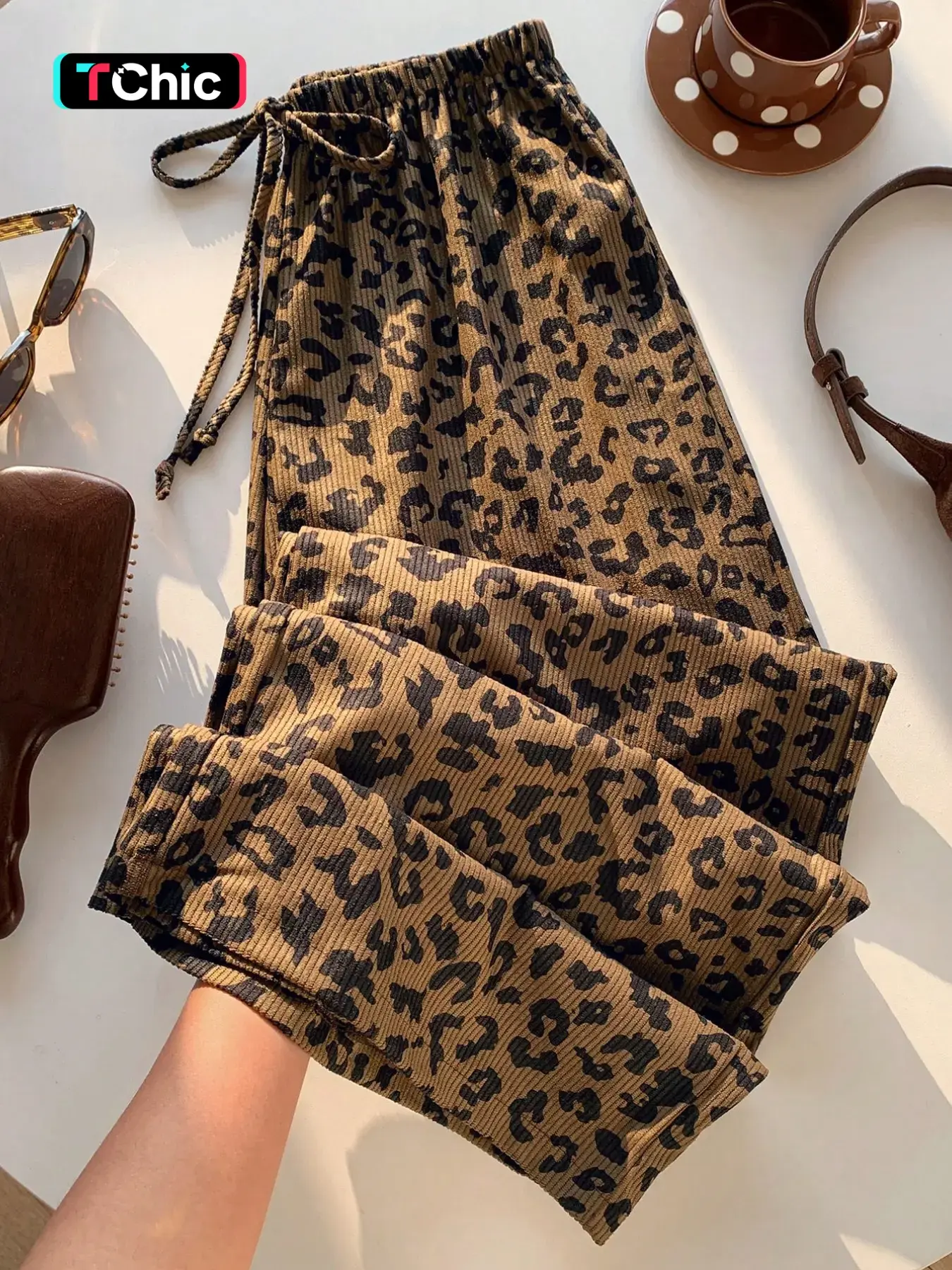 Leopard Print Wide Leg Pants for Women Elastic High Waist Drawstring Accent Fit Loose Flowy Silhouette Ribbed Texture Versatile for Casual Fashion