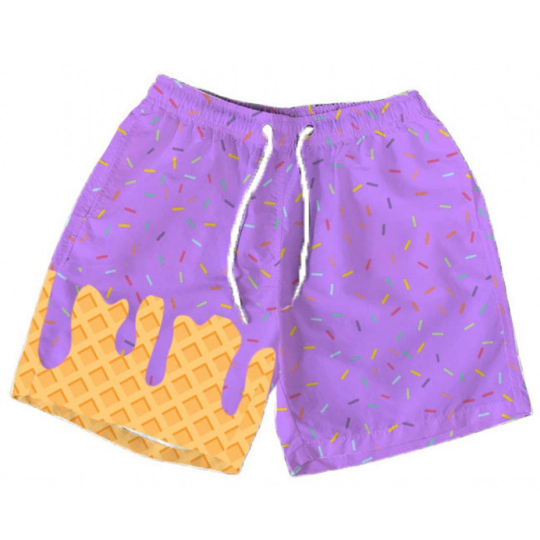 Polyester breathable 3D printed ice cream beach shorts, summer vacation loose surfing shorts, unisex fun casual sports shorts