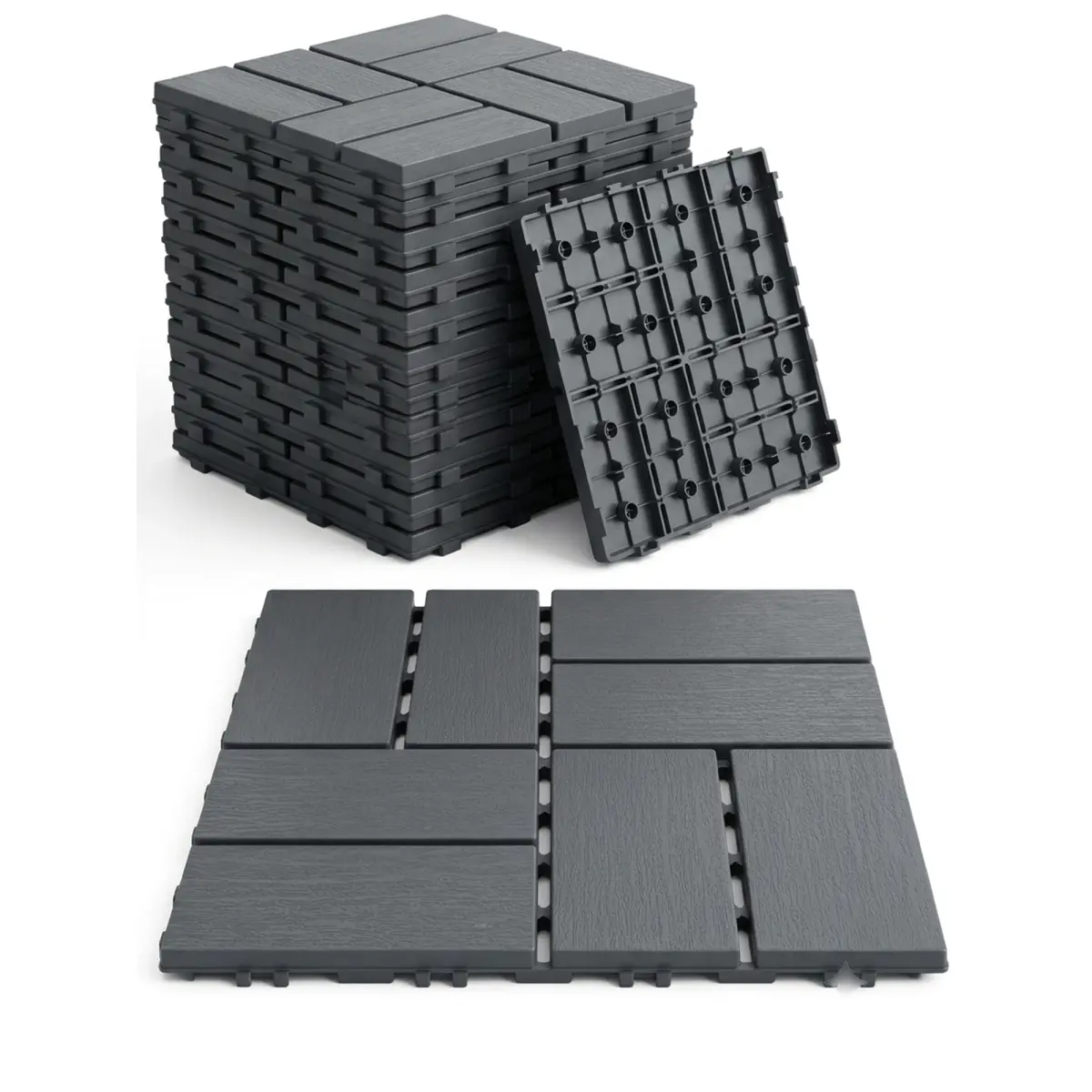 Plastic Interlocking Deck Tiles, 44 Pack 12"x12" Waterproof Non-Slip Outdoor Patio Flooring, All Weather Drainable Snap Together Decking Tiles for Poolside, Porch, Garden, Backyard & Shed Floor,Grey