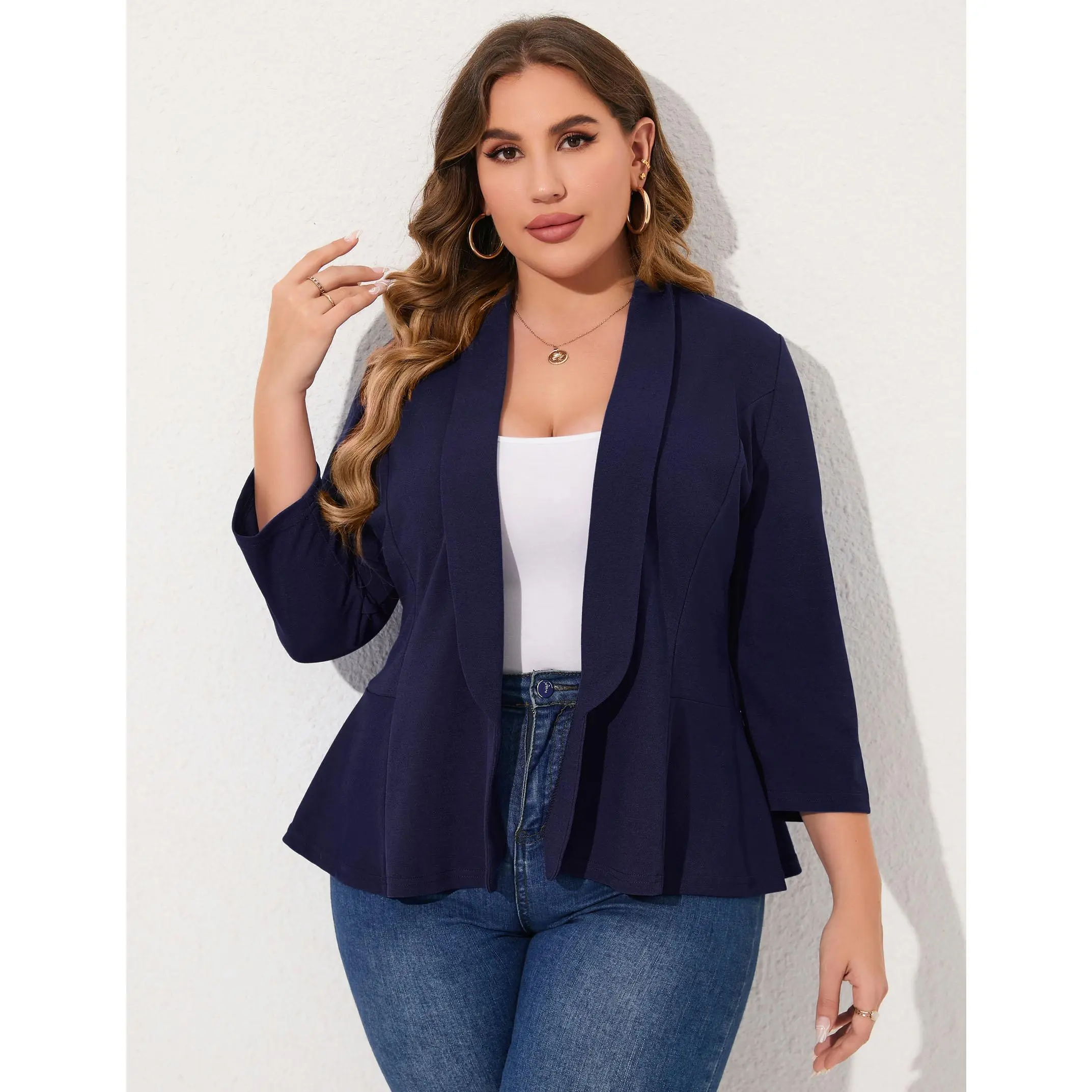 YF Plus Size Women Shawl Collar Peplum Blazer 3/4 Sleeve Open Front Casual Knit Suit Jacket Curvy Fit Office Work Outerwear for Business Daily Interview Spring Summer Fall