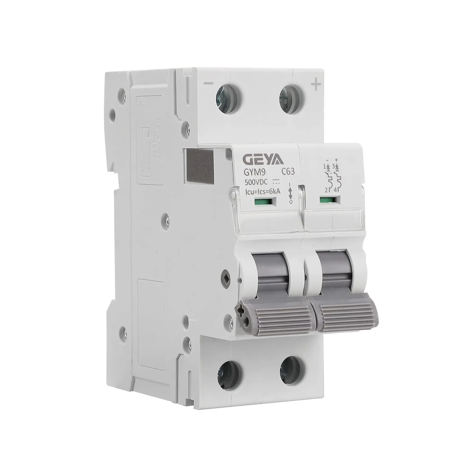 GEYA 2-Pole 32A/63A 500V MCB, DIN Rail Mount Miniature Circuit Breaker with 6kA Breaking Capacity, Solar Panel PV Battery Protection Switch for Electrical Systems