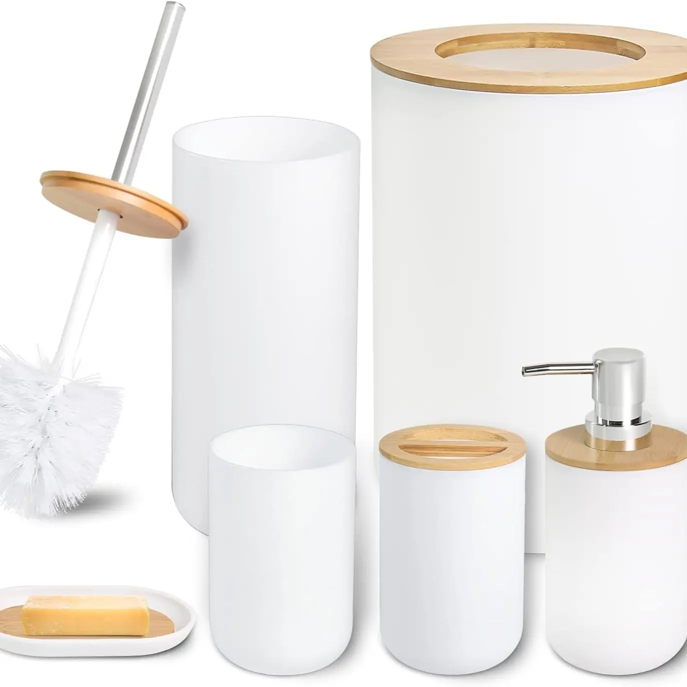 6-Piece Bathroom Accessories Set, Bamboo Bath Products Include Soap Dispenser, Toothbrush Holder, Cup, Soap Dish, Trash Can, Toilet Brush, Bathroom Accessory Sets