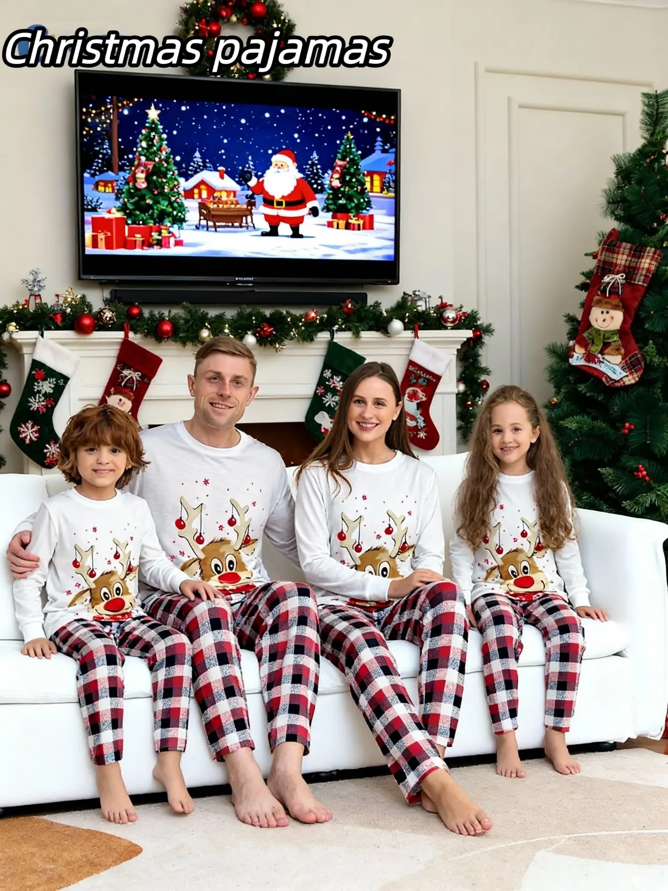 2-Piece Christmas Pajama Set, Long Sleeve and Pants, Reindeer Plaid Print, Couples Sleepwear, Men Women Kids, Holiday Family