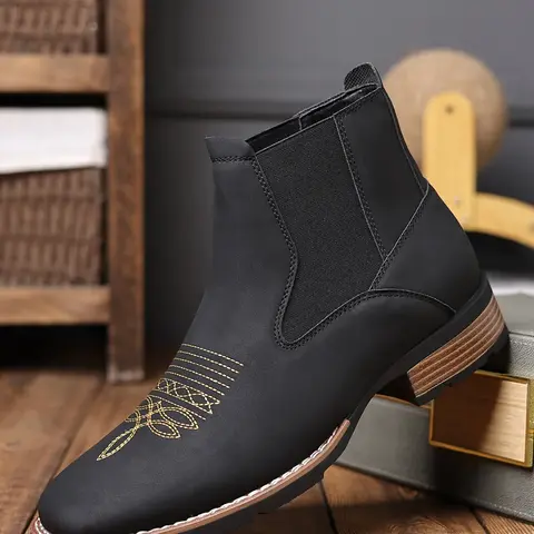 Men's Business Embroidering Design Ankle Boots, Fashionable Round Toe Chelsea Boots for Daily Wear, Male All-match Shoes for Daily Wear, Closed, Elegant Boots #GLOBAL PICKS