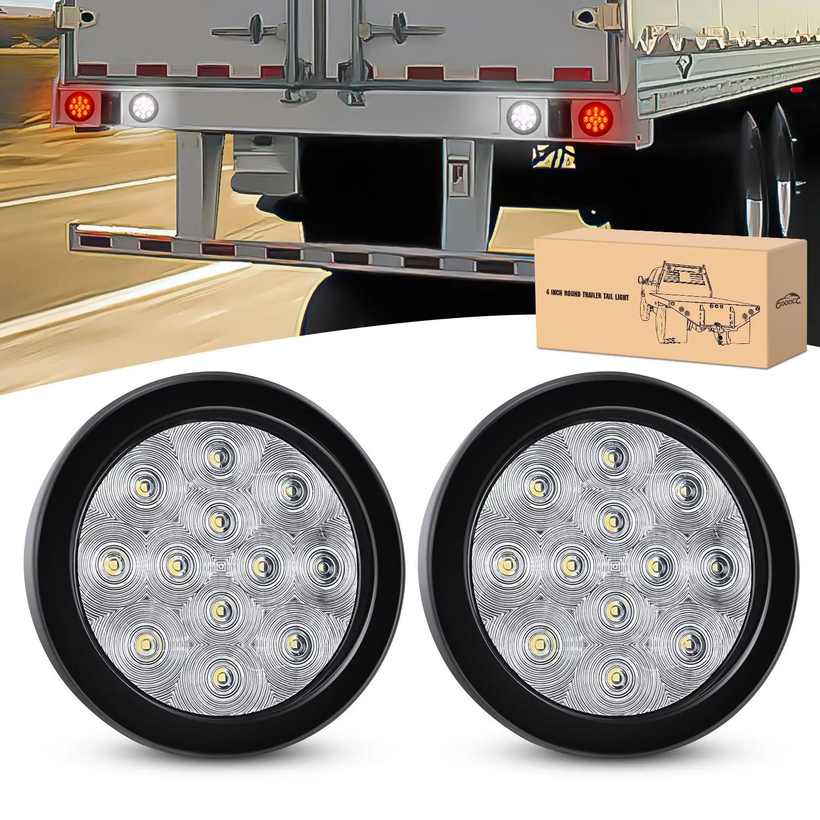GOOACC 4-in Round Trailer Light Kit, 2 PCS 12 LED High Brightness Amber Turn Signals with Rubber Grommet & Plug-In Setup, IP67 Waterproof Reverse/Tail Lights for Truck, RV