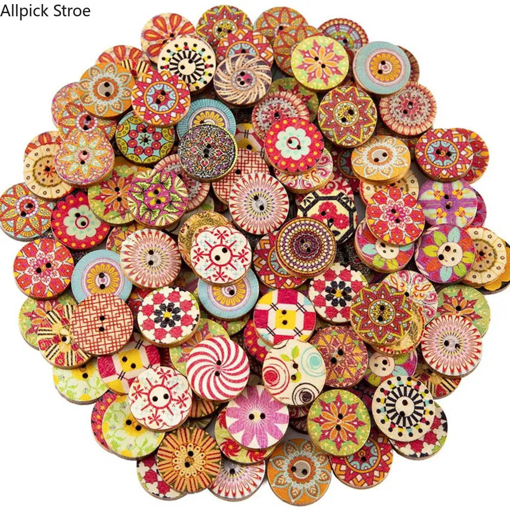 100PCS Vintage Wooden Craft Buttons, Random Mixed Patterns and Sizes (15-25mm) for DIY Crafts, Scrapbooking, and Sewing, Card Making, 15Mm+20Mm+25Mm, 100Pcs Random, Random Patterns