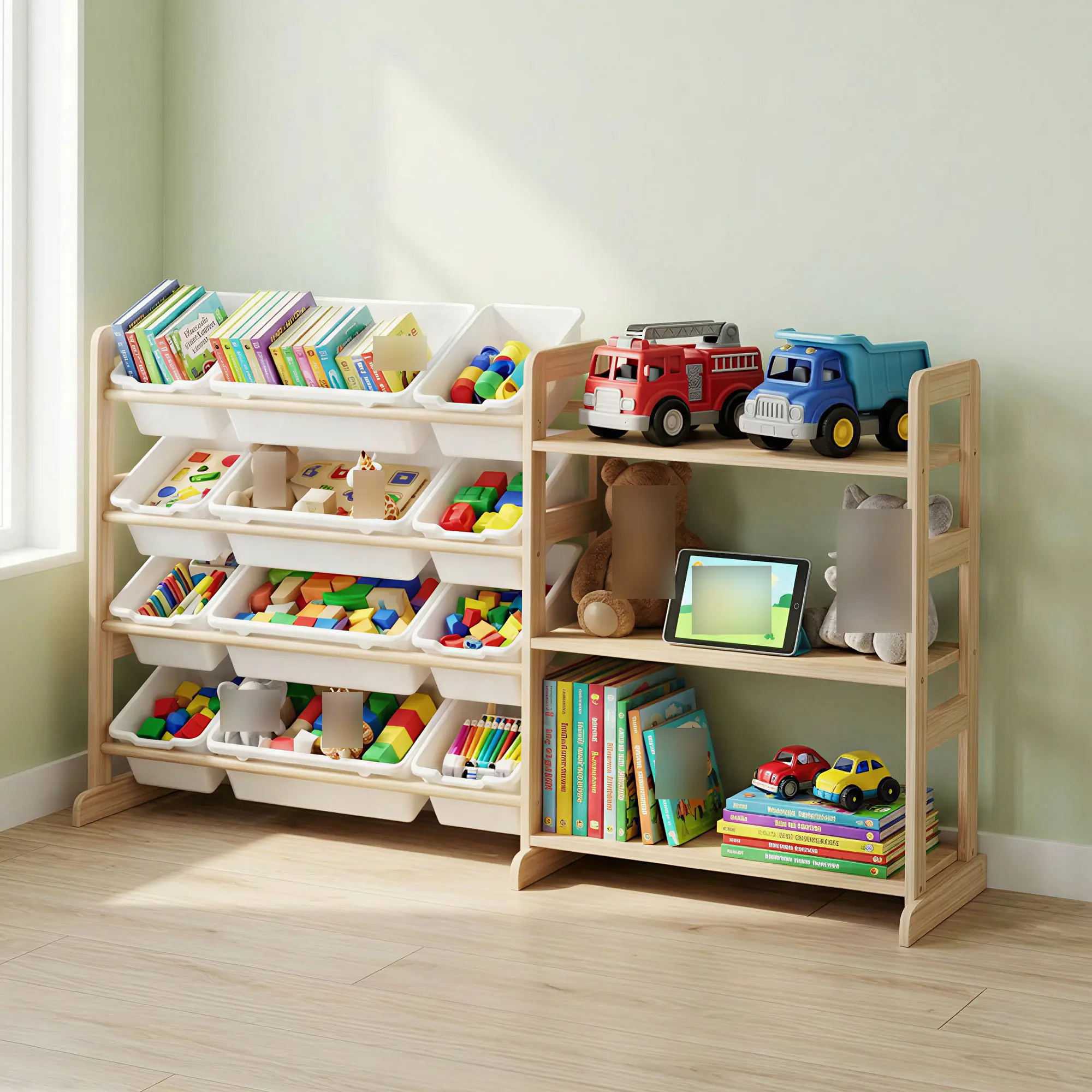 56"W Kids Toy Storage Organizer with 12 Bins & 3 Open Shelves – Pine Wood Display Rack, Toddler Room Shelf Unit for Playroom, Bedroom & Nursery