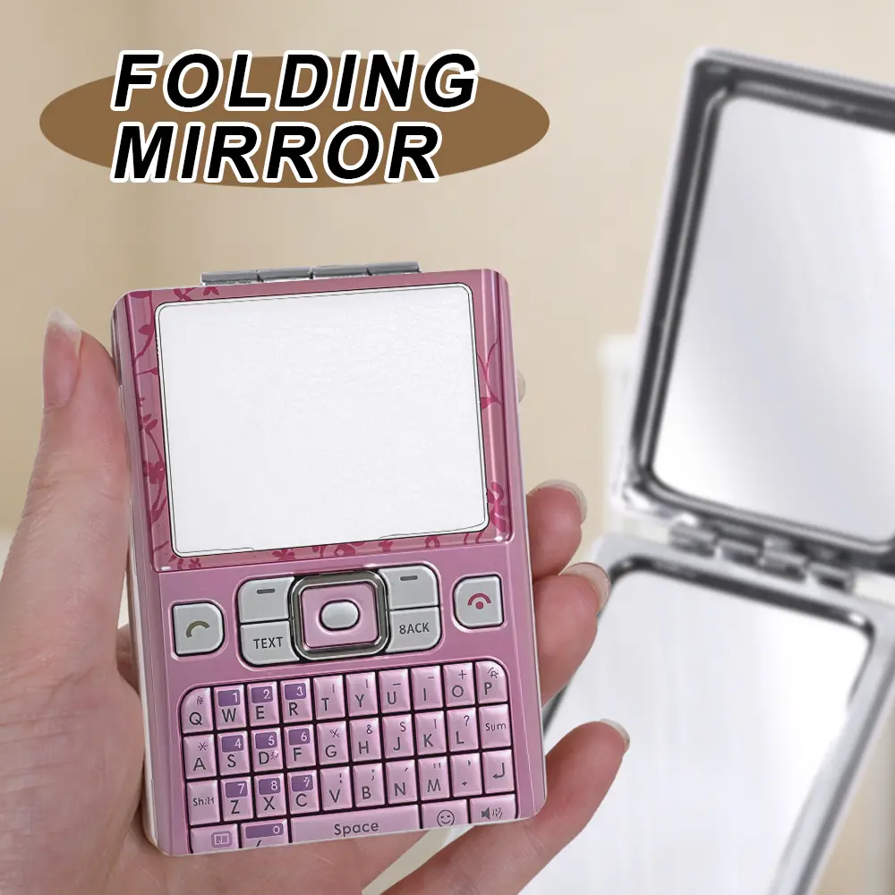 1Pc 1X 2X Magnifying Portable Folding Compact Hand Held Mirror, Y2K Pink Retro Keyboard Phone Pattern Pocket Mirror, Compact Travel Makeup Mirror for Purse Travel Daily Use, Y2K Aesthetic Cute Gift for Women Girls, Foldable Mirror, Handheld Mirror