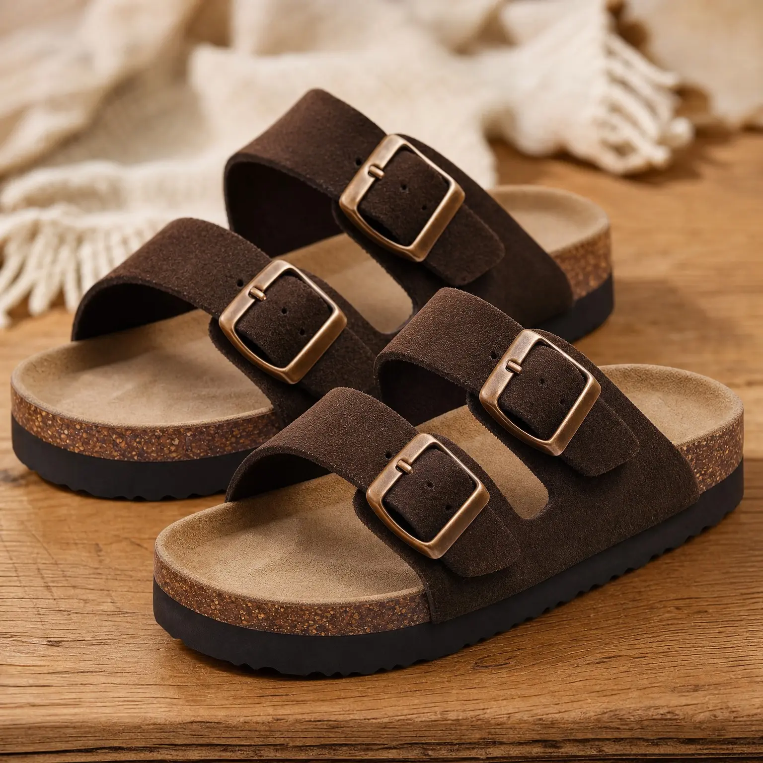 Women's Platform Suede Sandals with Cork Footbed, Adjustable Buckle Slip-On Summer Slides - Comfortable Casual Walking SandalsGift