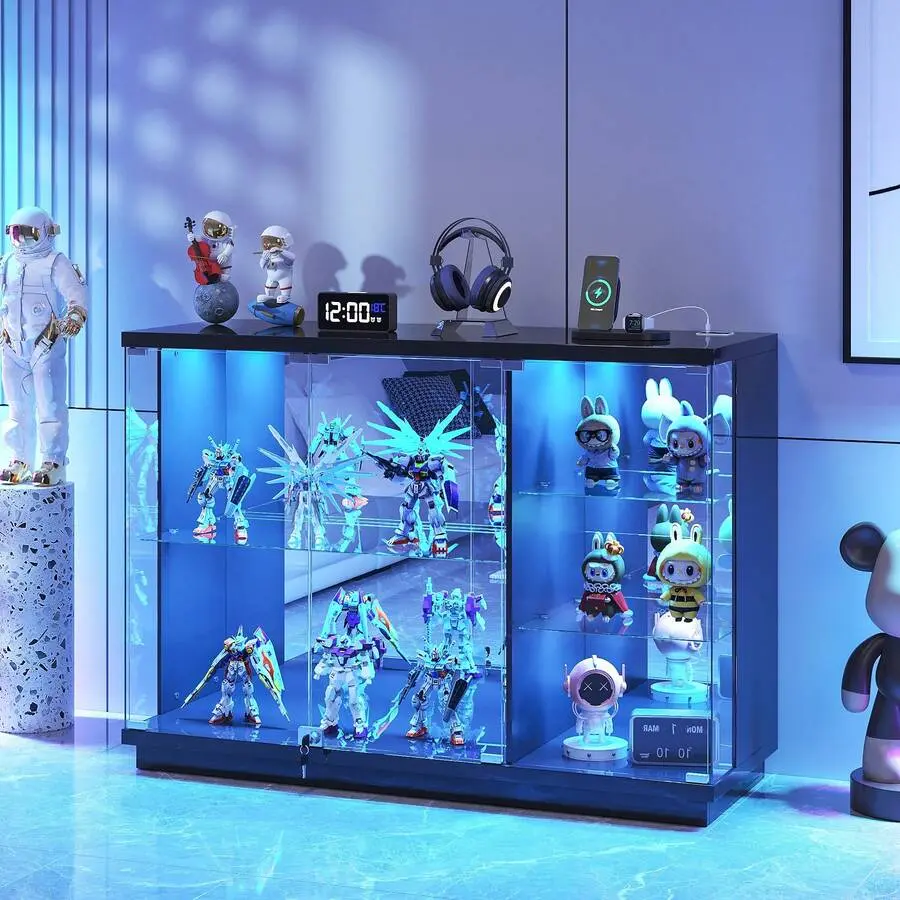 Gurexl Glass Display Cabinet With Lock & LED Light, Gloss Sideboard With Human Body Sensor & Glass Shelves Toys, Books, Collectibles, Liquor, Bookcase Living Room,, Study, Black